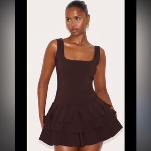 Square Neck Tiered Ruffle Mini Dress - Brown